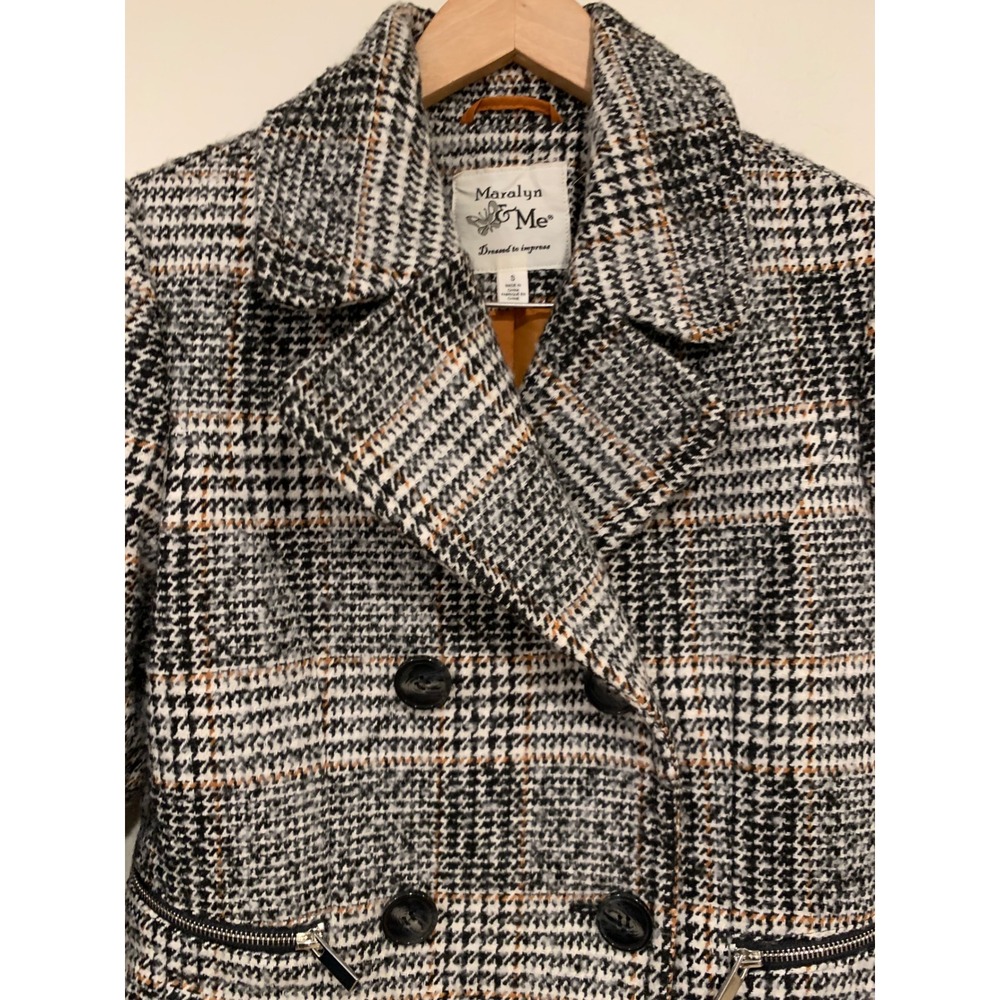VNTG Maralyn & Me Plaid Pea Coat Dark Academia Tweed Jacket Brown Grey S - Picture 8 of 9